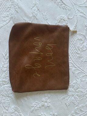 Brown Faux Leather Zipper Pouch with Gold Script Bon Voyage